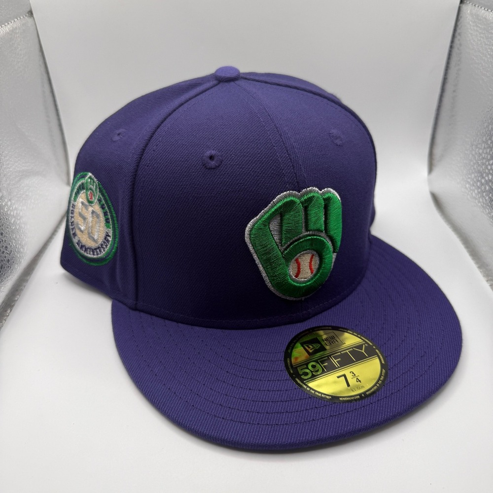 New Era 59FIFTY Milwaukee Brewers Hat 7 3/4 Purple 50th Anniversary Patch MLB